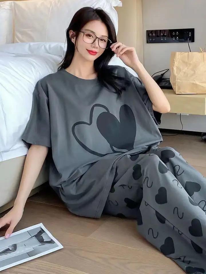 Sr-Double Hearts Printed Night Suit - Grey