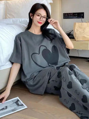 Sr-Double Hearts Printed Night Suit - Grey