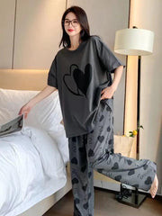 Sr-Double Hearts Printed Night Suit - Grey