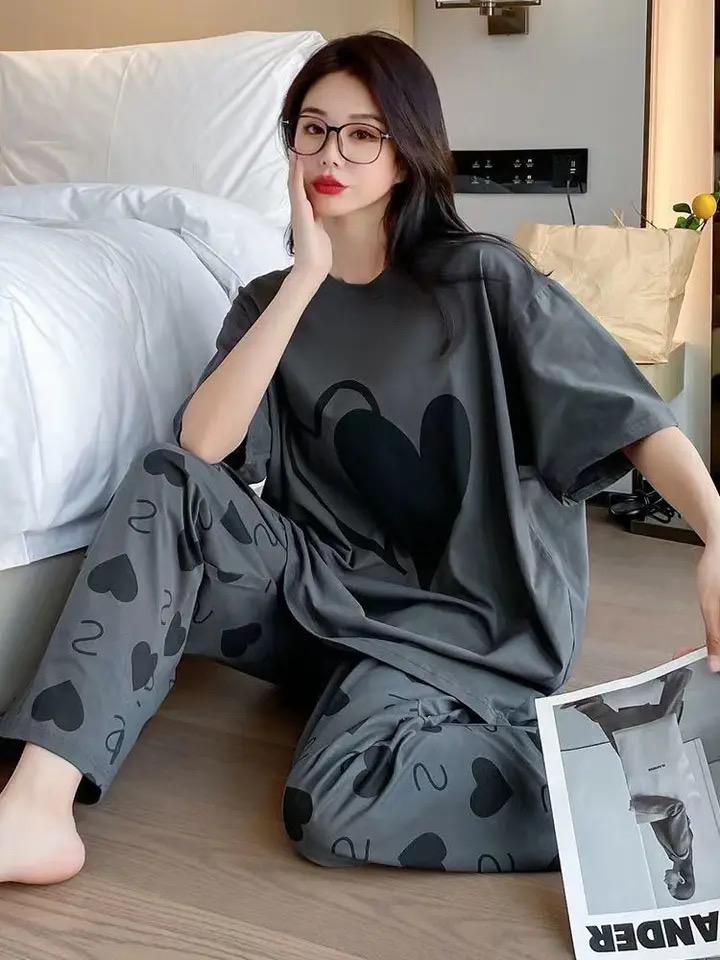 Sr-Double Hearts Printed Night Suit - Grey