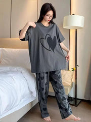 Sr-Double Hearts Printed Night Suit - Grey