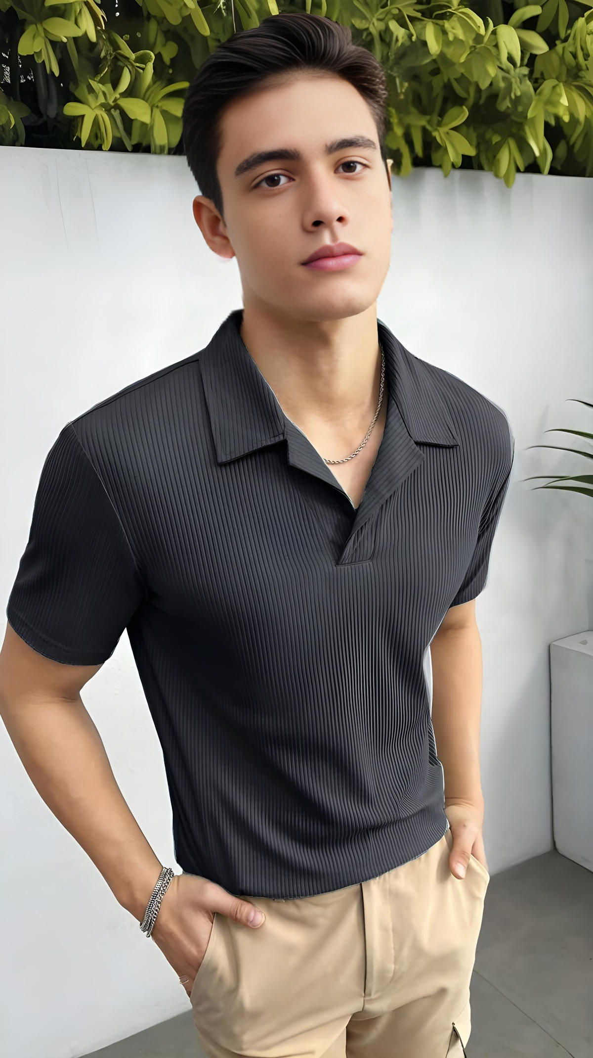 Waffle Knitted Polo - Charcoal
