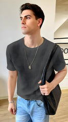 Oversized Waffle Knit Tee For Men - Charcoal