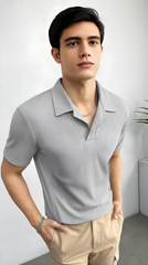 Waffle Knitted Polo - GREY
