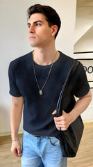 Oversized Waffle Knit Tee For Men - Navy Blue