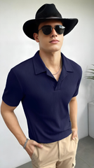 Waffle Knitted Polo - NAVYBLUE
