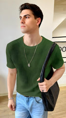 Oversized Waffle Knit Tee For Men - Olive