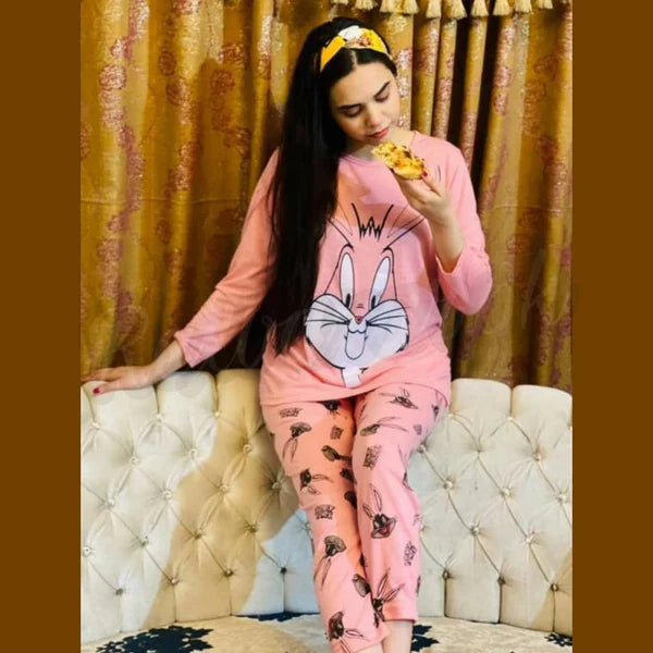 Hn-Pink Bunny Printed Night Suit