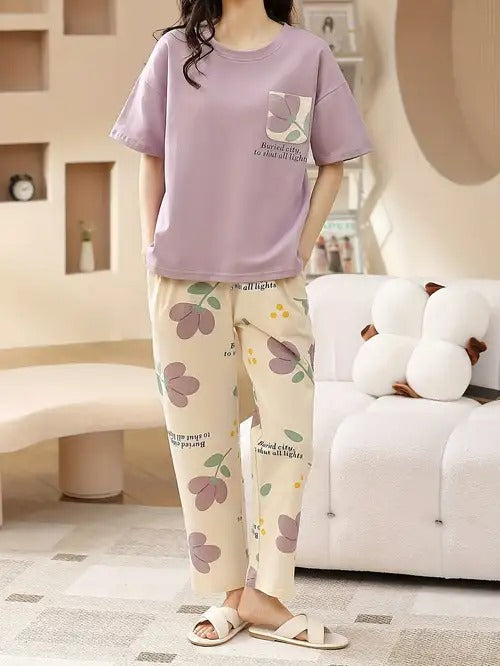 Pocket Flower Night Suit - Lilac