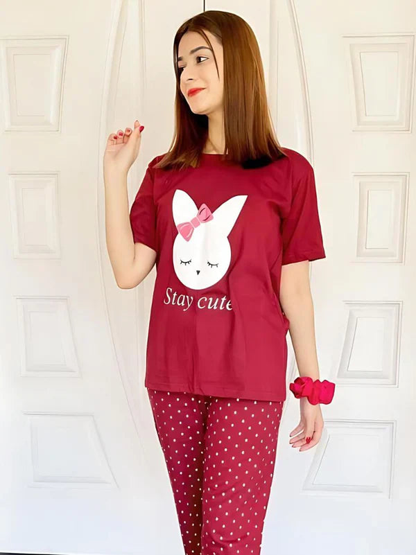 Hn-Maroon Stay Cute Printed Night Suit