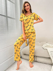 Hn-Yellow Love Heart Printed Night Suit
