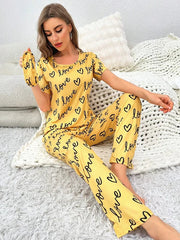 Hn-Yellow Love Heart Printed Night Suit