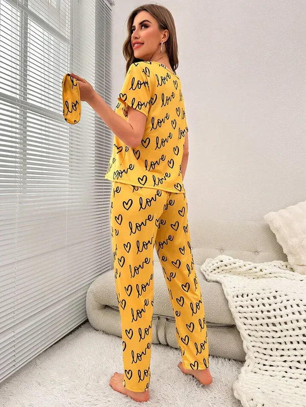 Hn-Yellow Love Heart Printed Night Suit